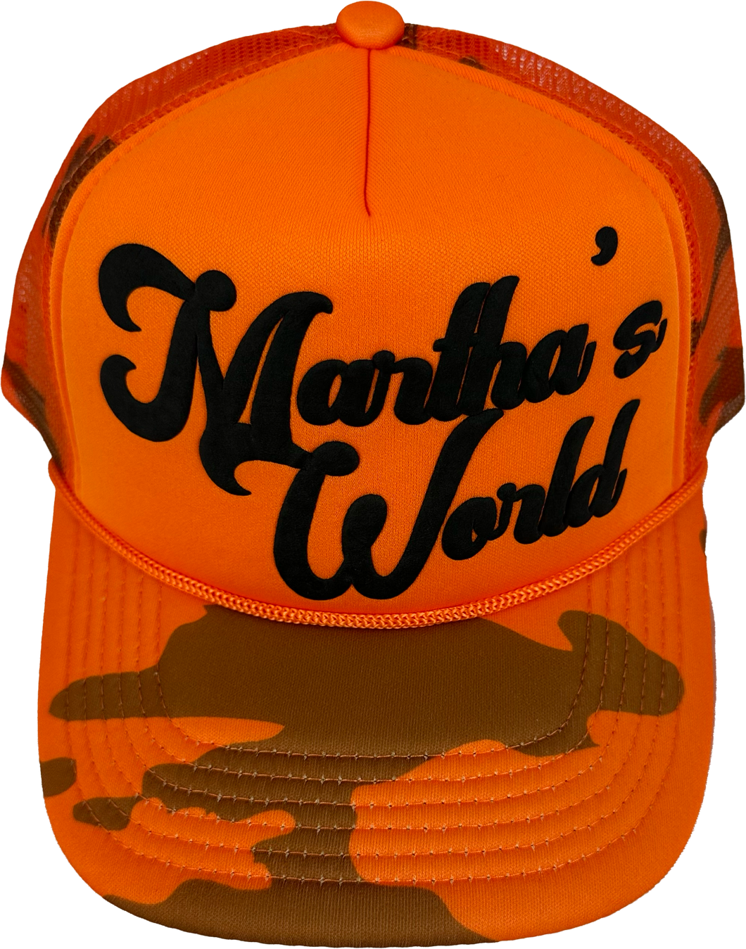 Martha's World: Orange Camo Puff Print Trucker Hat