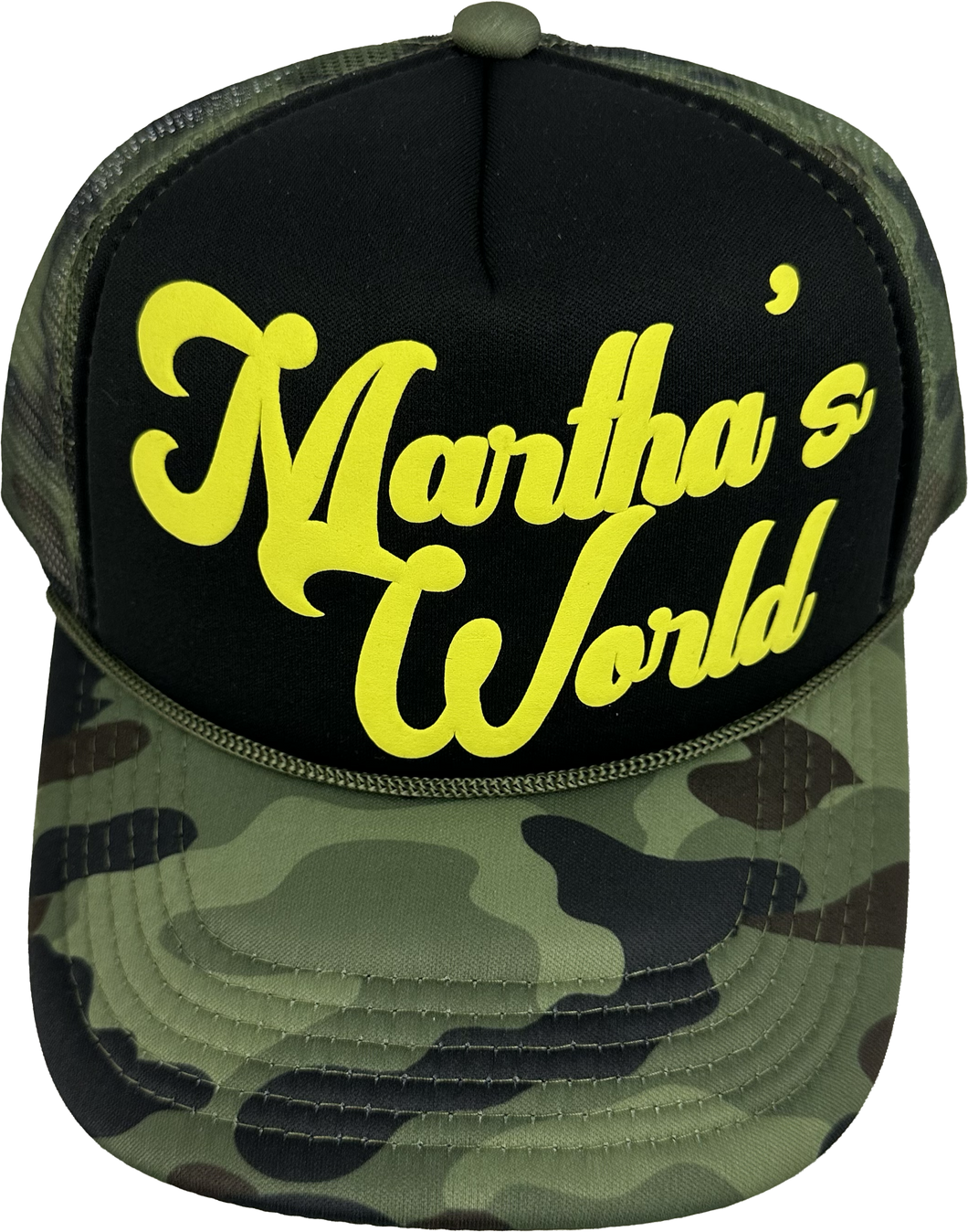 Martha's World: Green Camo Puff Print Trucker Hat